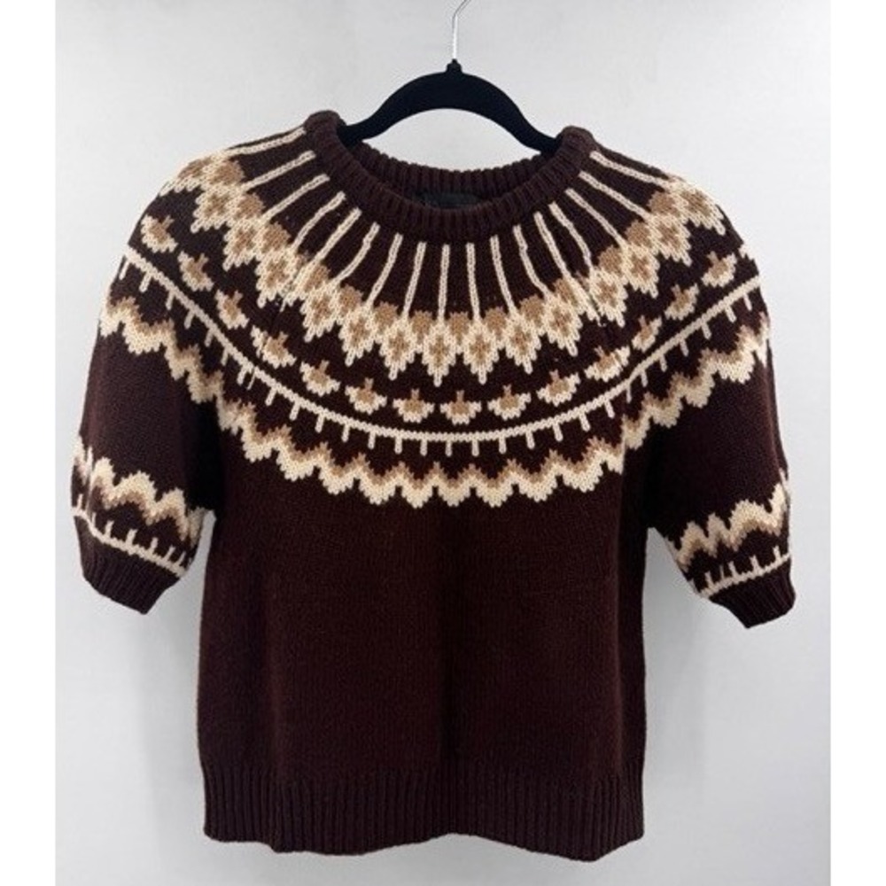 ZARA Womens Brown Fair Isle Wool Knit Short Sleeve Sweater MEDIUM Nordic Scandi